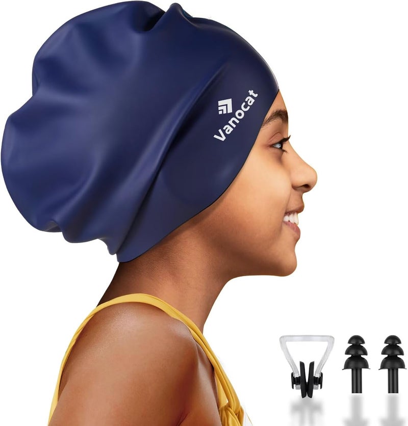 Vanocat Kids Extra Large Swim Cap for Long Hair, Waterproof Silicone Swimming Caps for Boys Girls Children Youth Teen, Large Swim Hat for Long Thick Curly Hair & Dreadlocks Braids Weaves Afro Hair - Image 1